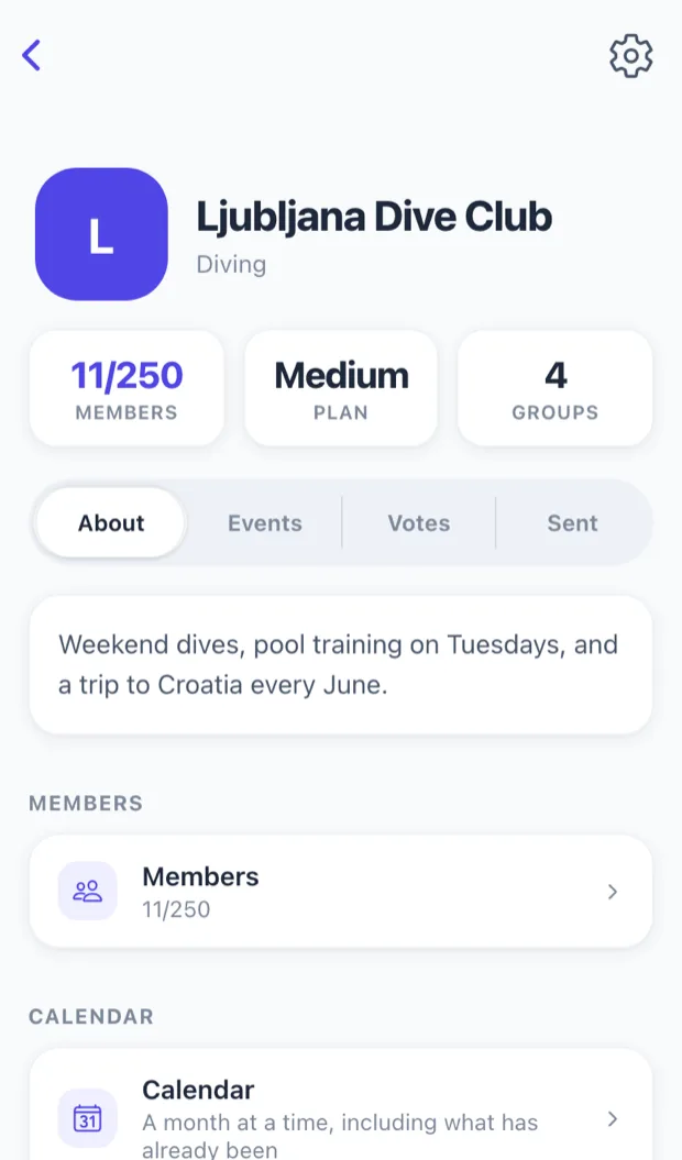 A club's home screen in Wombu